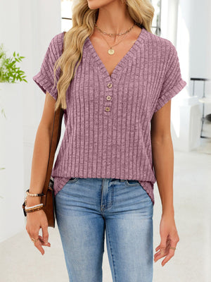 Ribbed knit v-neck t-shirt with buttons in burgundy, short sleeves, casual style.