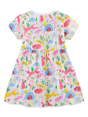 Baby dress with animal and dinosaur print, short sleeves, round neck, cotton blend