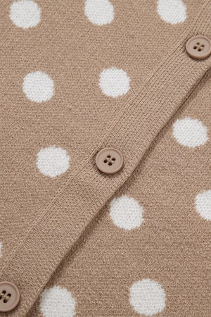 Camel polka dot short sleeve cardigan with button-down closure