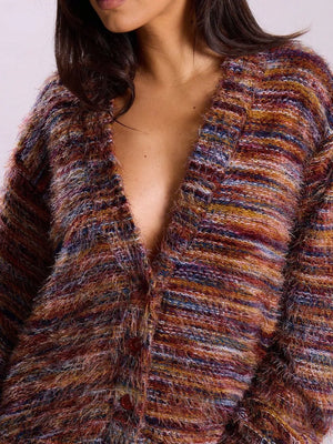Cozy textured knit cardigan with buttons in a multicolor stripe pattern.