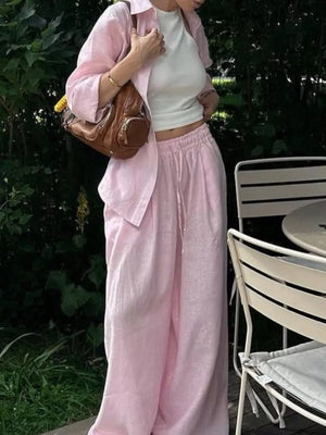 Button Up Shirt And Drawstring Pants Set in Apricot, fabric detail