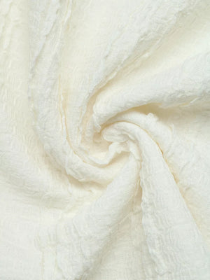 Crinkled texture t-shirt in off-white polyester fabric with ruffled sleeve detail.