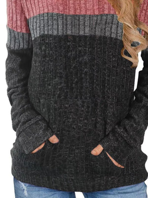 Chic color block ribbed knit sweatshirt in pink, gray, and black with thumbholes.