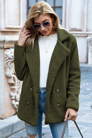 Army green teddy pea coat with double-breasted closure and notched lapels.