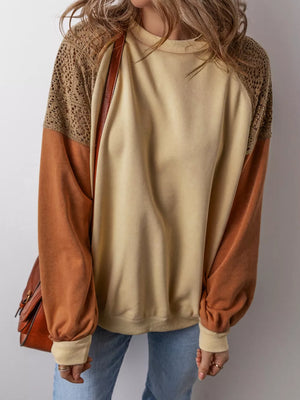 Lace Patchwork Colorblock Sweatshirt in Tan, front view