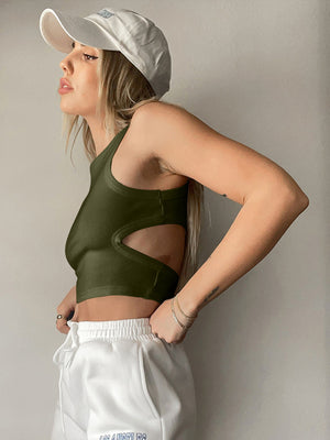 Moss ribbed crop top with side cutouts and a racerback.
