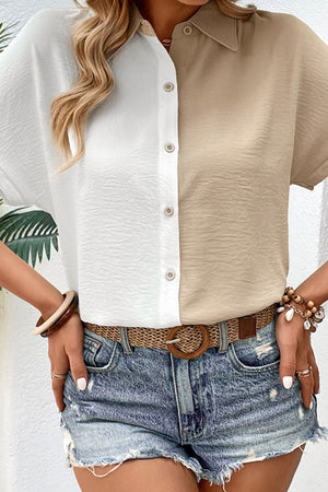 Colorblock collared shirt with textured finish in beige and white, buttoned front, short sleeves.