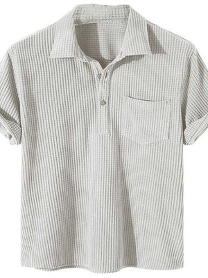 Textured ribbed polo shirt in ivory with rolled sleeves and chest pocket.