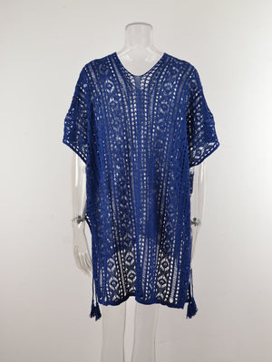 Open-knit V-neck beach cover-up in dark blue with tassel details