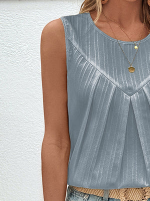 Light blue sleeveless top with V-neck and vertical pleats.