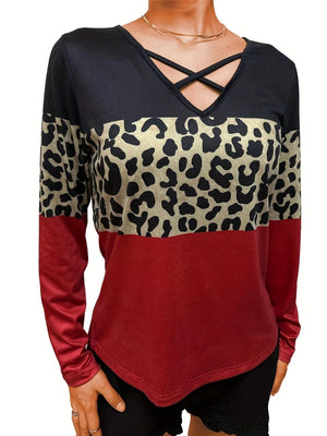 Crisscross V-neck long sleeve top in colorblock black, leopard print, and deep red.