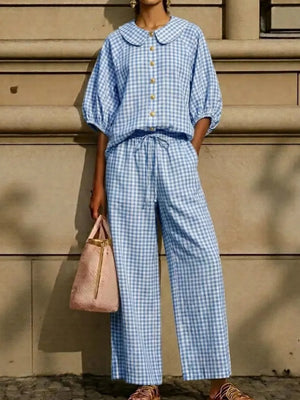 Full Size Plaid Button Up Shirt And Pants Set Plus Size, front view