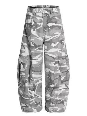 Urban camo oversized cargo sweatpants in grey camouflage pattern with multiple pockets.