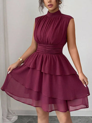 Dark Red sleeveless ruffle tiered dress with ruched bodice and waist