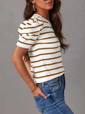 Striped knit tee with puff sleeves in white and camel, crew neck, short sleeves.