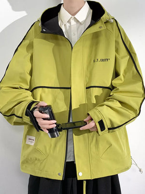 Men's Plus Size Contrast Trim Zip Up Jacket in Light Khaki, front view