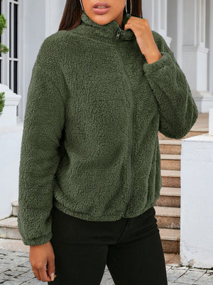 Green sherpa bomber jacket with zip front and stand-up collar.