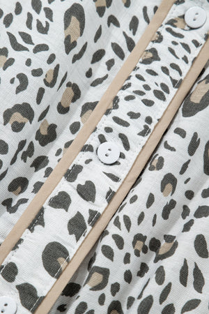 Print Button-down Midi Dress with leopard print, white, beige trim, and white buttons.