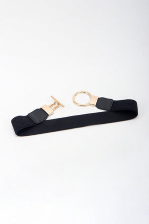 Black elasticated ring buckle belt with gold hardware detail