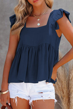Dark Blue linen babydoll top with flutter sleeves and square neckline