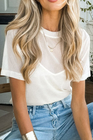 White sheer overlay tee with cami, short sleeves, and V-neck cami.