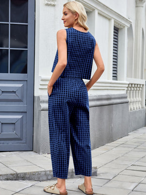 Navy gingham cropped tank and wide leg pants set.
