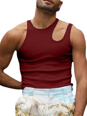Burgundy ribbed tank top with asymmetrical neckline and sculpted shoulder detail