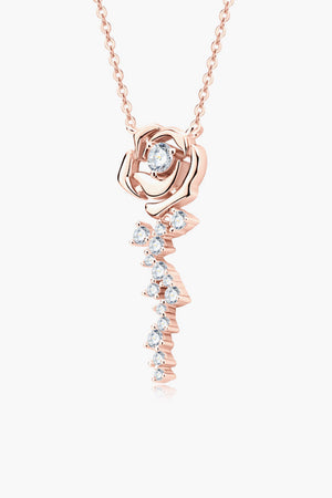 Rose gold necklace with rose pendant and cascading cubic zirconia stones