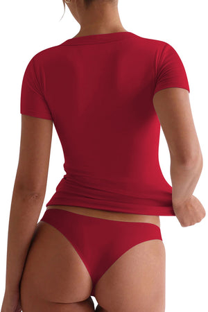 Deep Red V-neck tee, second-skin fit, short sleeves, shown from the back.