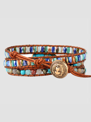 Aqua stone and leather wrap bracelet with a gold-tone button closure