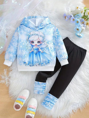 Children's Snowflake Hoodie And Leggings Set in Light Blue, front view