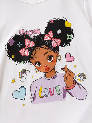 White cartoon graphic t-shirt with girl saying love and happy, hearts, rainbows, stars