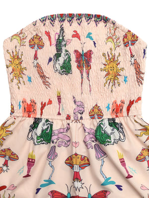 Smocked pink romper with whimsical butterfly and mushroom print