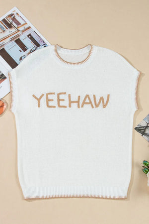White knit top with embroidered YEEHAW and stitch trim detail