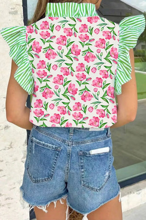 Tulip print ruffled V-neck shirt with green striped sleeves and collar.