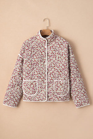 Burgundy quilted jacket with daisy print, stand collar, and contrast trim.