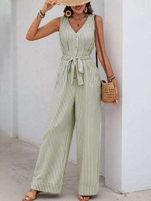 Yellow-green striped tie-waist wide leg romper with decorative buttons and V-neck