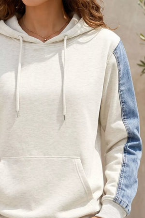 Colorblock Denim Sleeve Tunic Pullover Hoodie in Light Gray, close-up detail