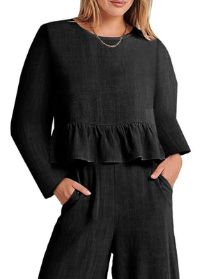 Black ruffled hem two-piece set with pockets, long sleeves, crew neck, and wide leg pants.