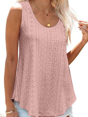 Dusty Pink eyelet scoop neck tank top with intricate pattern detail.