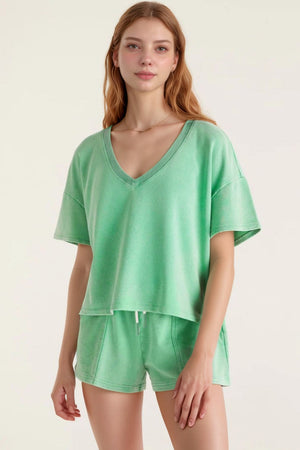 V-neck washed cotton lounge set in Gum Leaf green, featuring a relaxed fit tee and drawstring shorts.