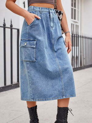 Light wash denim midi skirt with cargo pocket and front slit
