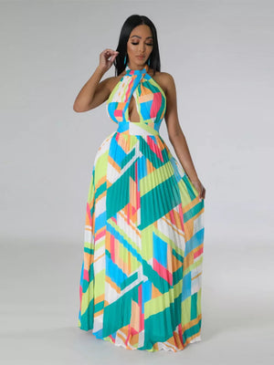 Halter neck maxi dress with geometric print and pleated skirt