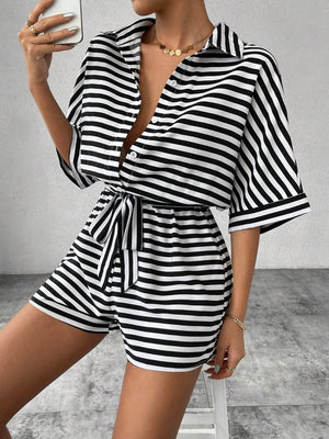 Black and white striped shirt romper with self-tie belt and button front.