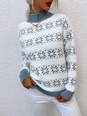 Alpine Fair Isle mock neck pullover sweater in Misty Blue with snowflake pattern.