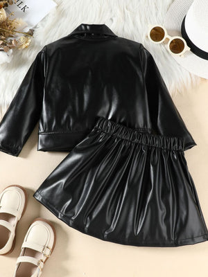 Black faux leather jacket and skirt set for baby girls with elastic waist skirt.