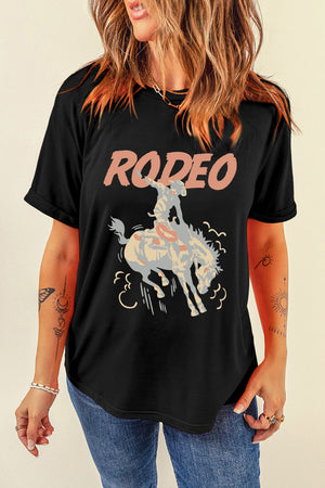 Black rodeo graphic tee with rolled sleeves and a bucking bronco design.