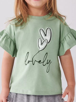Charming Heart Graphic Ruffle Sleeve Tee, cotton blend, crew neck