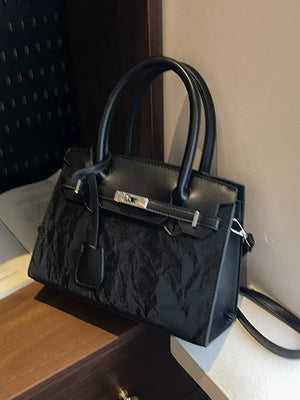 Textured Leather Top-handle Handbag in Black, front view