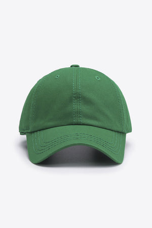 Green canvas baseball cap with stitched details and a curved brim.
